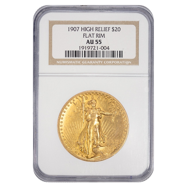 1907 $20 Saint Gaudens High Relief Flat Rim NGC AU55