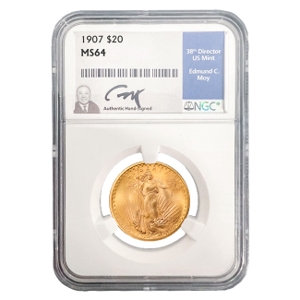 1907 $20 Saint Gaudens No Motto Ed Moy NGC MS64