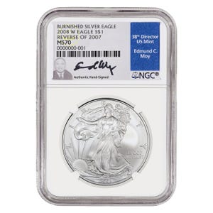 2008 1 oz Silver American Eagle Burnished MS70 Coin with 2007 Reverse