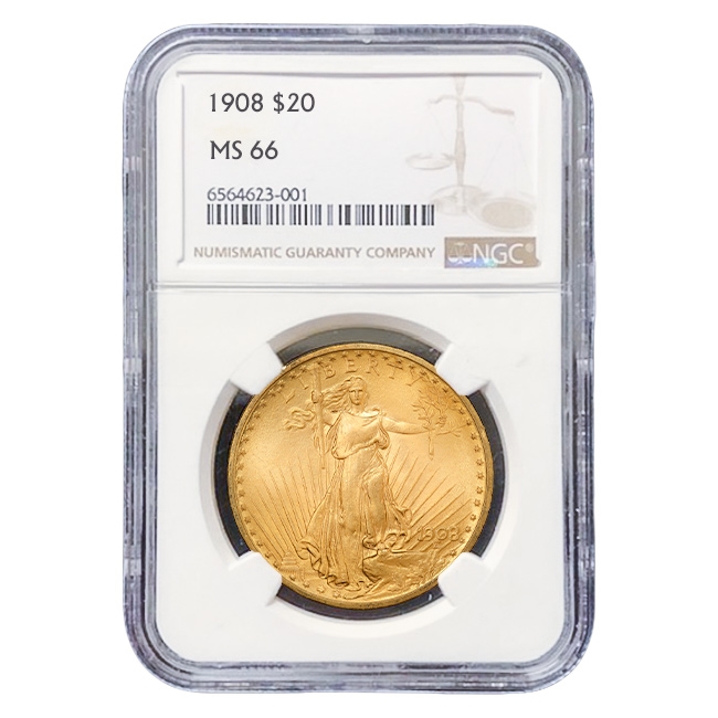 1908 $20 Saint Gaudens No Motto NGC MS66