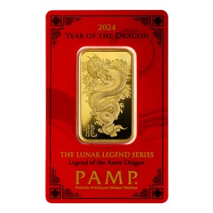 1oz Gold PAMP Suisse Year of the Dragon Bar In Sealed Assay Front