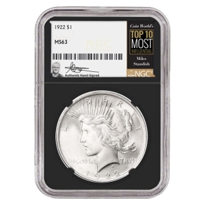 1922 $1 Peace Silver Dollar Miles Standish Signature Label - NGC MS63