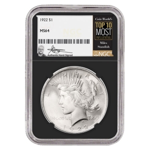 1922 $1 Peace Silver Dollar Miles Standish Signature Label - NGC MS64