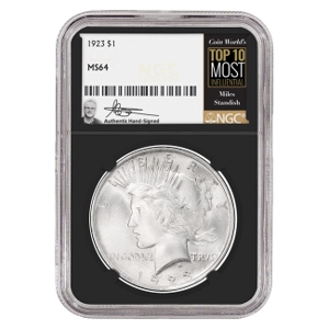 1923 $1 Peace Silver Dollar Miles Standish Signature Label - NGC MS64