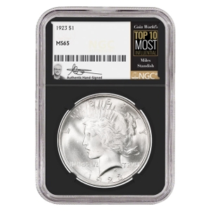 1923 $1 Peace Silver Dollar Miles Standish Signature Label - NGC MS65  