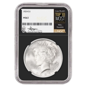 1924 $1 Peace Silver Dollar Miles Standish Signature Label - NGC MS63