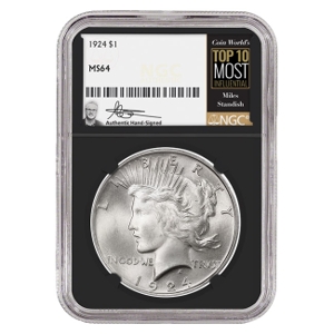 1924 $1 Peace Silver Dollar Miles Standish Signature Label - NGC MS64