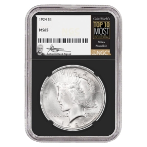 1924 $1 Peace Silver Dollar Miles Standish Signature Label - NGC MS65