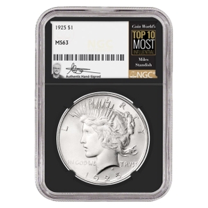 1925 $1 Peace Silver Dollar Miles Standish Signature Label - NGC MS63