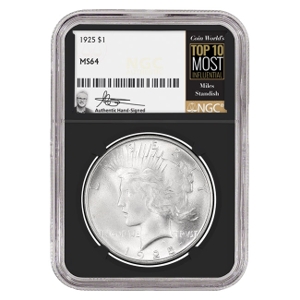 1925 $1 Peace Silver Dollar Miles Standish Signature Label - NGC MS64