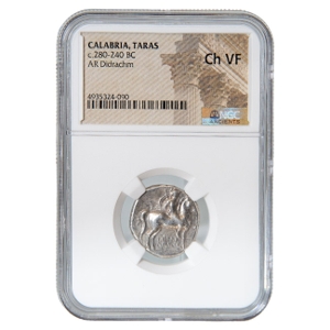 Boy and Dolphin, c. 281-240 BC, CALABRIA, TARAS, AR Didrachm, NGC ChVF