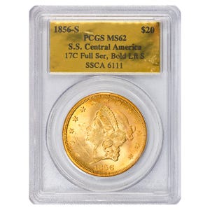 1856-S $20 Liberty Gold Double Eagle Shipwreck SS Central America Full Serif, Bold Left S PCGS MS62
