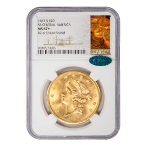 1857-S $20 Liberty Gold Double Eagle Shipwreck SS Central America NGC MS67+ CAC 