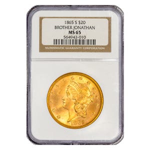 1865-S $20 Liberty Gold Double Eagle Shipwreck SS Brother Jonathan NGC MS65