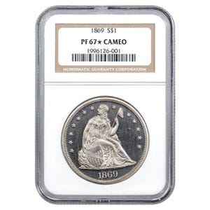 1869 $1 Silver Seated Liberty NGC PF67* Cameo