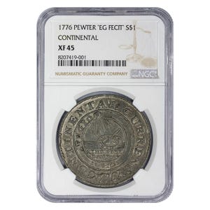 1776 $1 Continental Currency Pewter NGC XF45