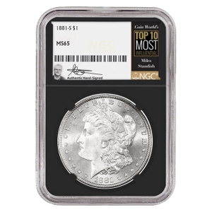 1881-S $1 Morgan Silver Dollar Miles Standish Signature Label NGC MS65