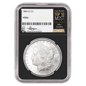 1884-CC $1 Morgan Silver Dollar Miles Standish Signature Label NGC MS66