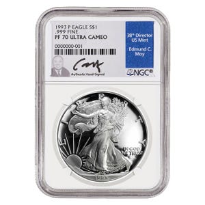 1993 $1 Silver American Eagle PF70 Ed Moy Signature Slab