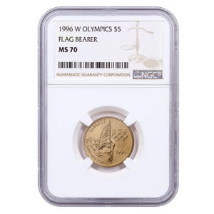 1996 $5 Olympic Flag Gold Coin MS70