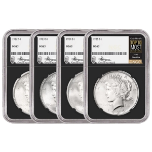 1922-1925 Peace Silver Dollar Miles Standish Signature Label NGC MS63 Set