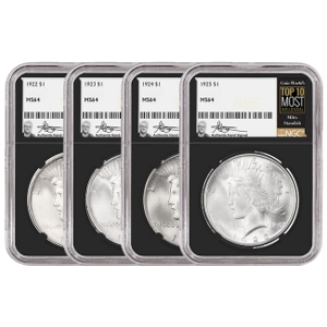 1922-1925 Peace Silver Dollar Miles Standish Signature Label NGC MS64 Set