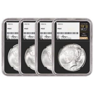 1922-1925 Peace Silver Dollar Miles Standish Signature Label NGC MS65 Set