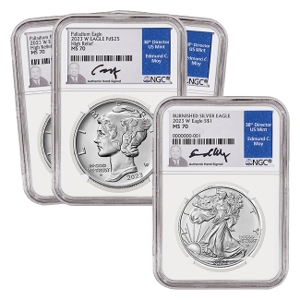(3) 2023 Palladium American Eagle MS70 Coins + FREE Silver Eagle Burnished MS70