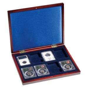 VOLTERRA UNO de LUXE Mahogany Display Case for 8 Certified Coin Slabs