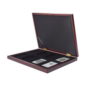 VOLTERRA Mahogany Grain Presentation Case for 8 Gold Bars in Blister Cards