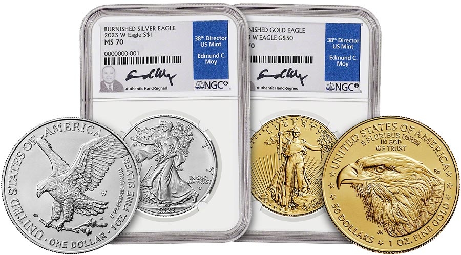 2023 Gold and Silver Burnished American Eagle Mint State 70 coin slabs, hand-signed by Ed Moy, next to the corresponding reverse designs