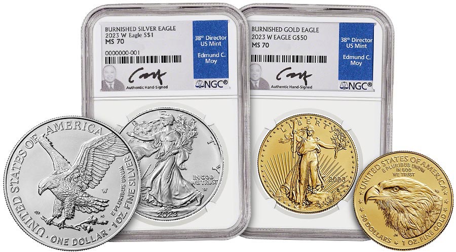 2023 Gold and Silver Burnished American Eagle Mint State 70 coin slabs, hand-signed by Ed Moy, next to the corresponding reverse designs