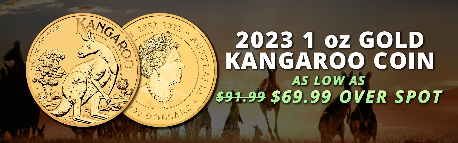 1 oz Gold Kangaroo Coins on a faded kangaroo background.