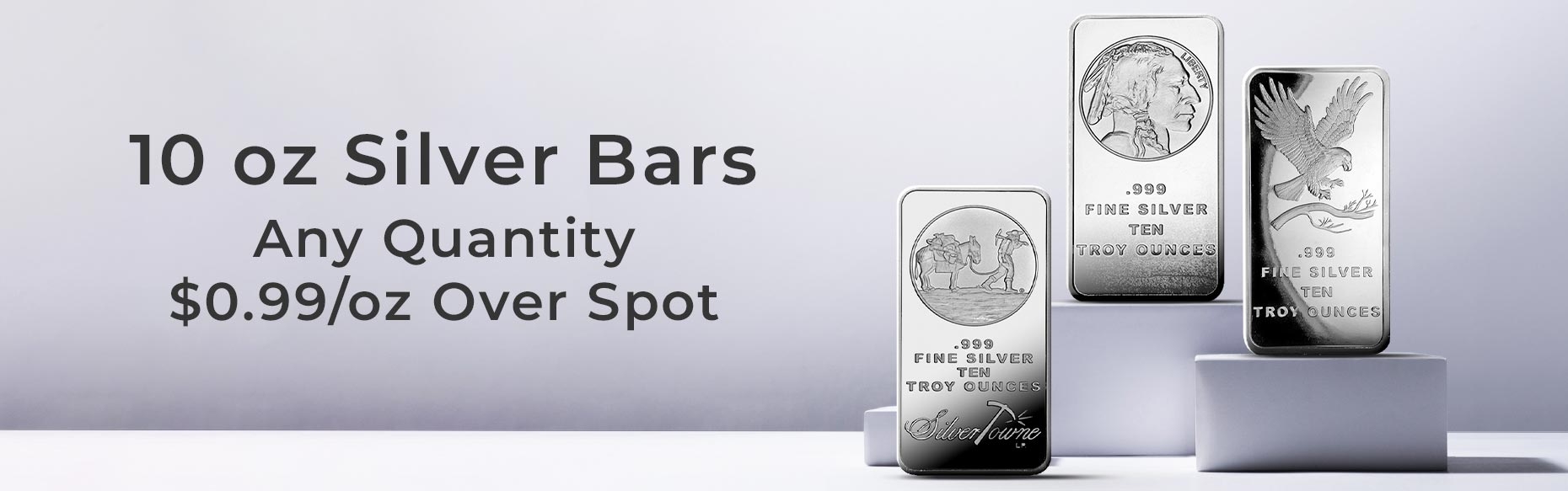 Assortment of 10 oz Silver Bars on a white studio background.